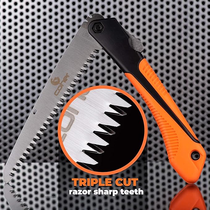 Close-up of Folding Hand Saw's triple-cut razor sharp teeth, emphasizing its precision cutting power for wood, PVC, and bone.
