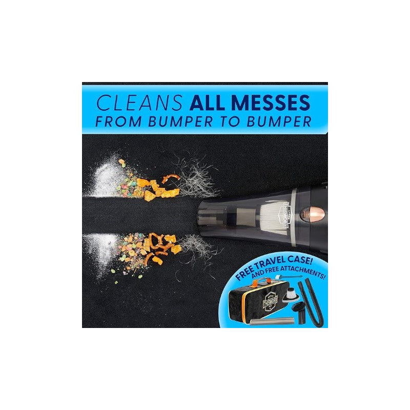 ThisWorx portable car vacuum cleaner removes dirt and debris from car interiors with strong suction and free travel case.