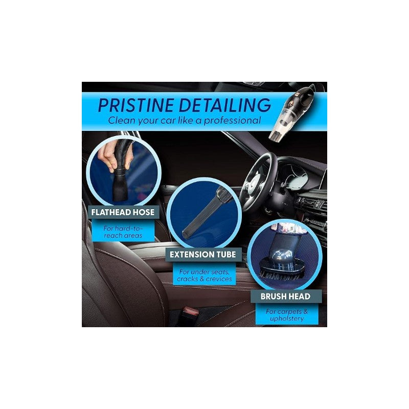 Car vacuum cleaner kit includes flathead hose, extension tube, and brush head for professional detailing of seats and carpets.