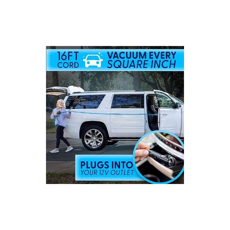 12V portable car vacuum cleaner with 16ft cord reaches every corner of large vehicles, plugs into car outlet for full coverage.