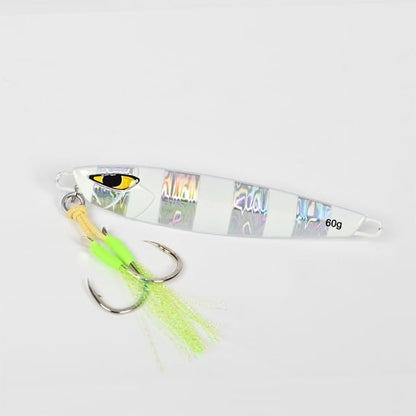 60g striped silver glow jigging lure for sea bass with dual hooks and luminous body, perfect for saltwater slow pitch fishing.