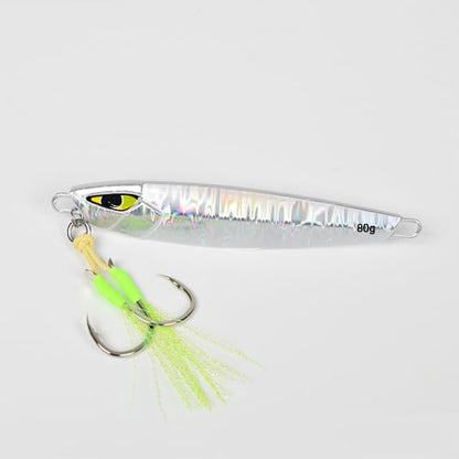 80g silver glow jigging lure for sea bass with double hooks and reflective finish, ideal for slow pitch saltwater fishing.
