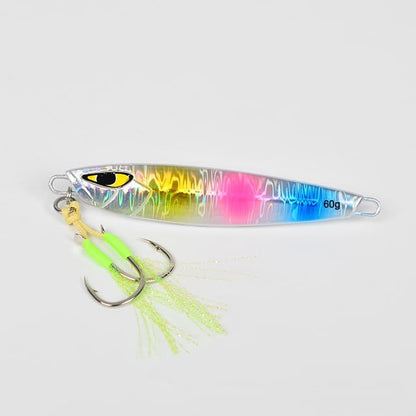 60g multicolor glow jigging lure for sea bass with double hooks and luminous body, ideal for saltwater slow pitch jigging.