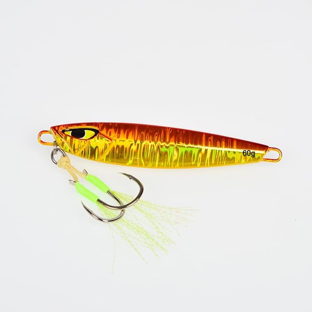 60g orange glow jigging lure for sea bass featuring dual hooks and a vibrant reflective body for saltwater slow pitch fishing.