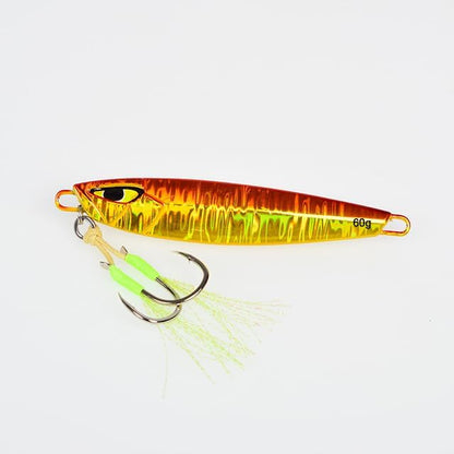 60g orange glow jigging lure for sea bass featuring dual hooks and a vibrant reflective body for saltwater slow pitch fishing.