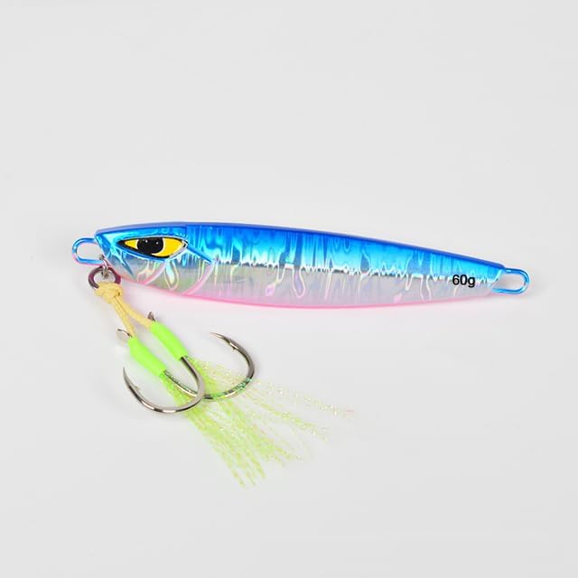 60g blue glow jigging lure for sea bass with reflective finish and twin hooks, designed for slow pitch saltwater fishing.