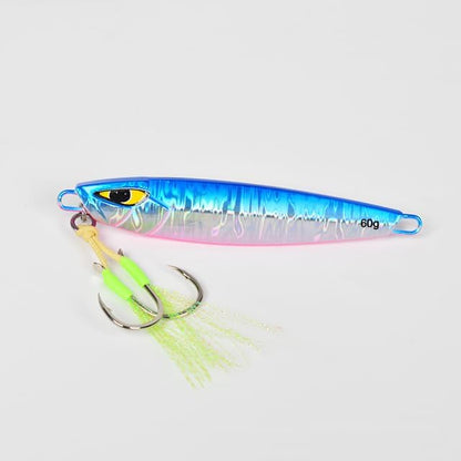 60g blue glow jigging lure for sea bass with reflective finish and twin hooks, designed for slow pitch saltwater fishing.