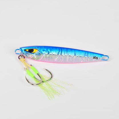 80g blue glow jigging lure for sea bass with double hooks and luminous body, perfect for saltwater slow pitch jigging.