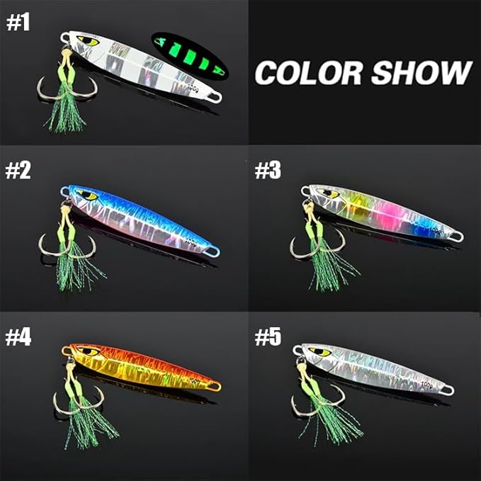 Color variations of glow jigging lure for sea bass with luminous effect and double hooks, ideal for saltwater fishing.