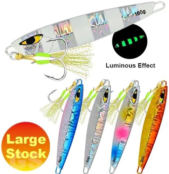 Glow jigging lure for sea bass in multiple colors and weights with luminous effect and double hooks, ideal for saltwater fishing.