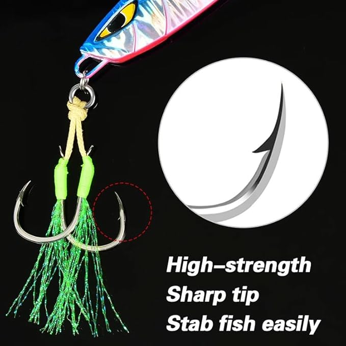 Close-up of glow jigging lure for sea bass showing sharp double hooks and luminous skirt for effective saltwater fishing.