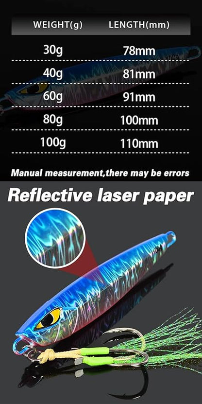 Glow jigging lure for sea bass size chart with reflective laser paper detail, available in 30g to 100g for saltwater fishing.