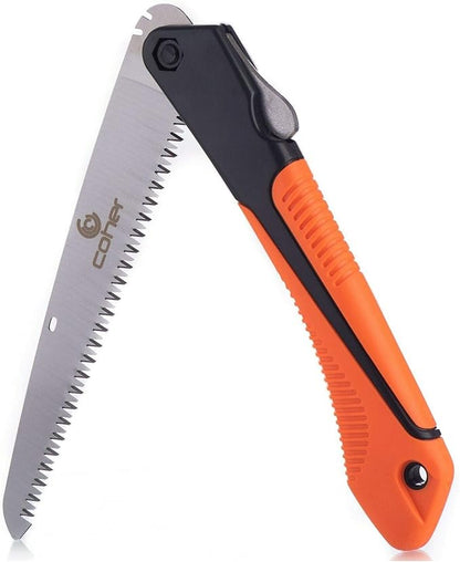 Folding Hand Saw - Versatile Cutting Tool with ergonomic orange and black handle, ideal for pruning, camping, and cutting wood or PVC.
