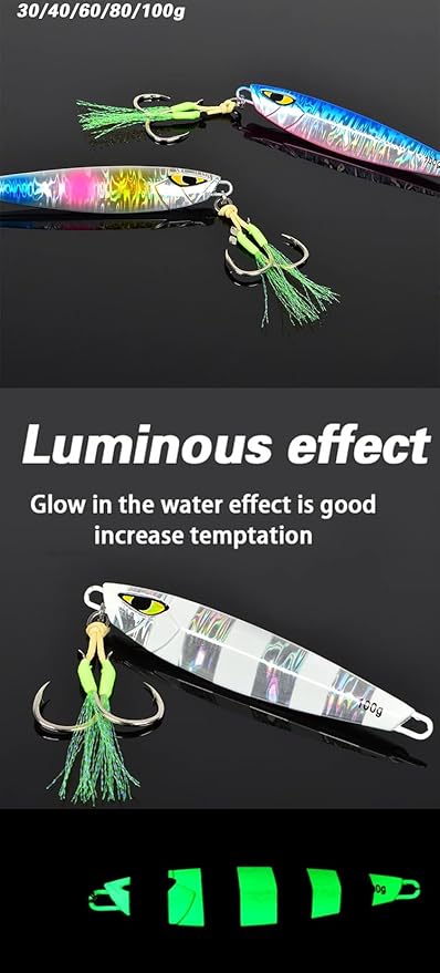 Glow jigging lure for sea bass with luminous effect and reflective finish, enhances attraction during saltwater fishing.