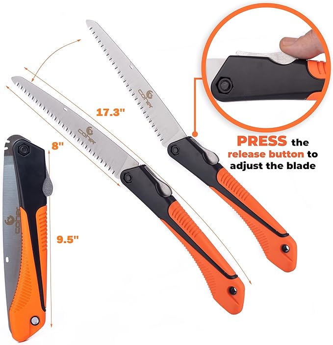 Folding Hand Saw shown in open and closed positions with dimensions, featuring a release button for adjustable blade angles.