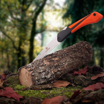 Folding Hand Saw resting on a log in a forest setting, highlighting its portability and effectiveness for camping and wood cutting.