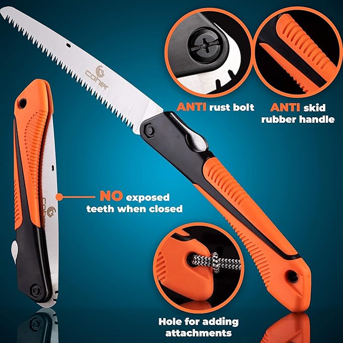 Detailed view of Folding Hand Saw's anti-rust bolt, anti-skid rubber handle, and safety features for secure and durable use.