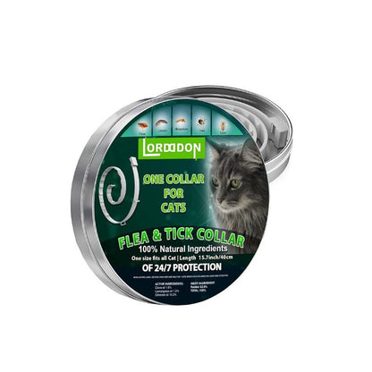 Flea & Tick Collar Pet Protection - Adjustable | Long-lasting, W R pet flea collar for cats with image of gray cat and pest protection icons